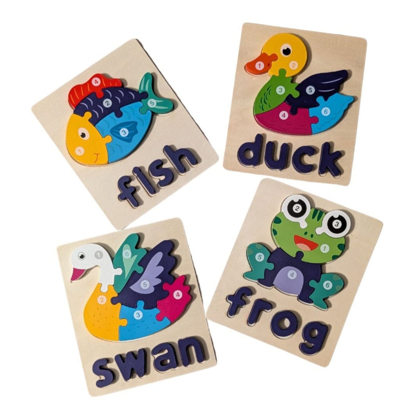 Wooden Animal Puzzle Set - Fish, Duck, Swan, and Frog