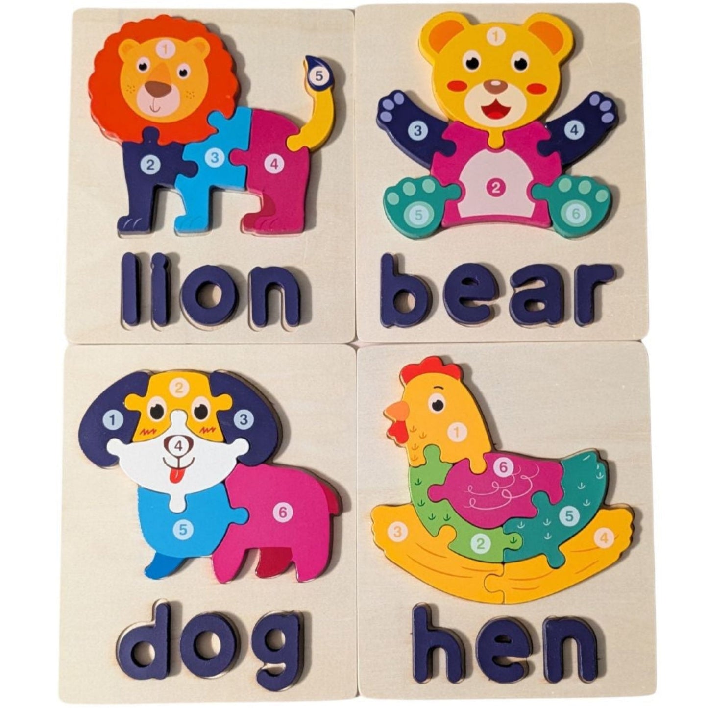 Wooden Animal Puzzle Set - Lion, Bear, Dog, and Hen