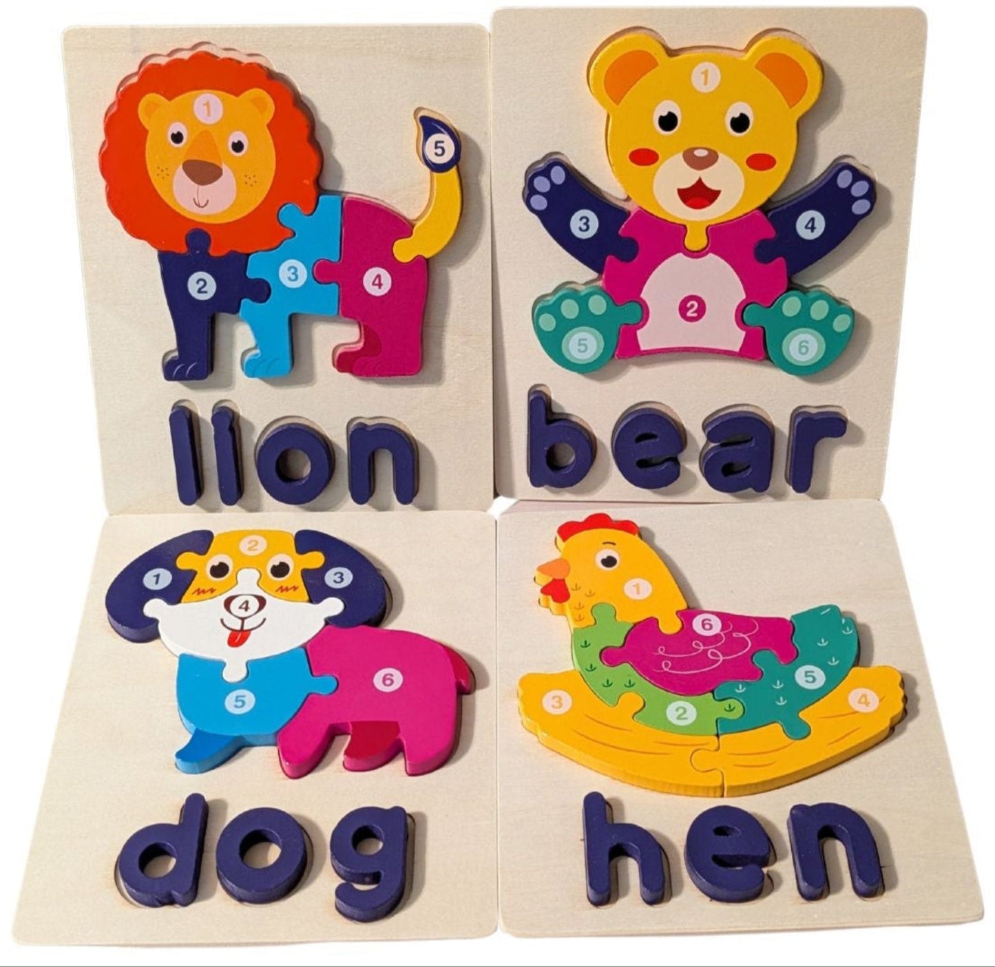 Wooden Animal Puzzle Set - Lion, Bear, Dog, and Hen