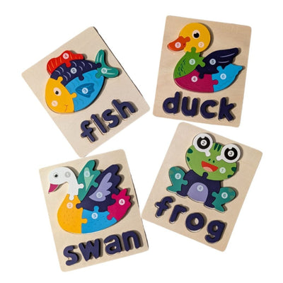 Wooden Animal Puzzle Set - Fish, Duck, Swan, and Frog